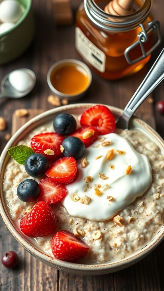 Overnight Oats with Yogurt Recipe A bowl of overnight oats with yogurt, topped with berries and nuts, in a rustic kitchen setting.